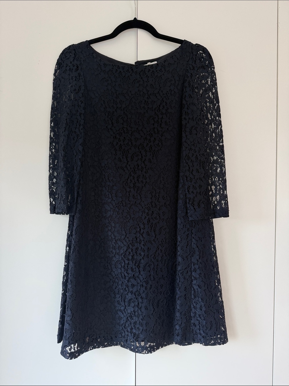Navy Lace A-Line Dress with Three-Quarter Sleeves